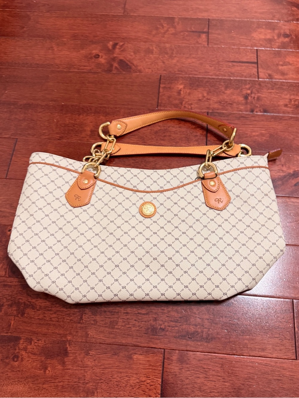 Rioni Beige Canvas Tote with Cognac Leather Trim